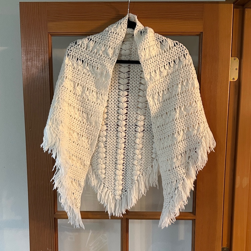 White Crochet Fringe Shawl